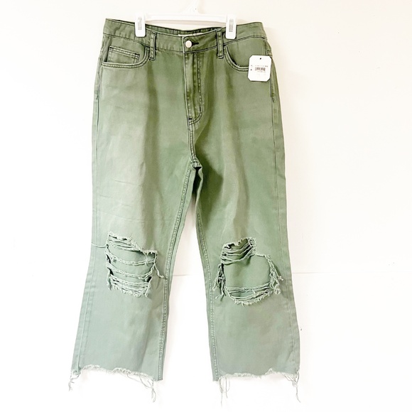 Altar'd State Olive Green Distressed Cropped Wide-Leg Jeans - Picture 2 of 12